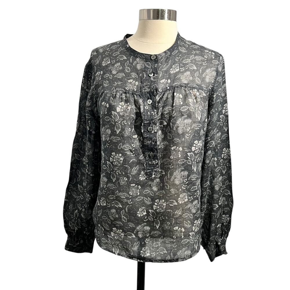 Wrap London 100% Ramie Gray Floral Print Sheer Long Sleeve Blouse Size Medium